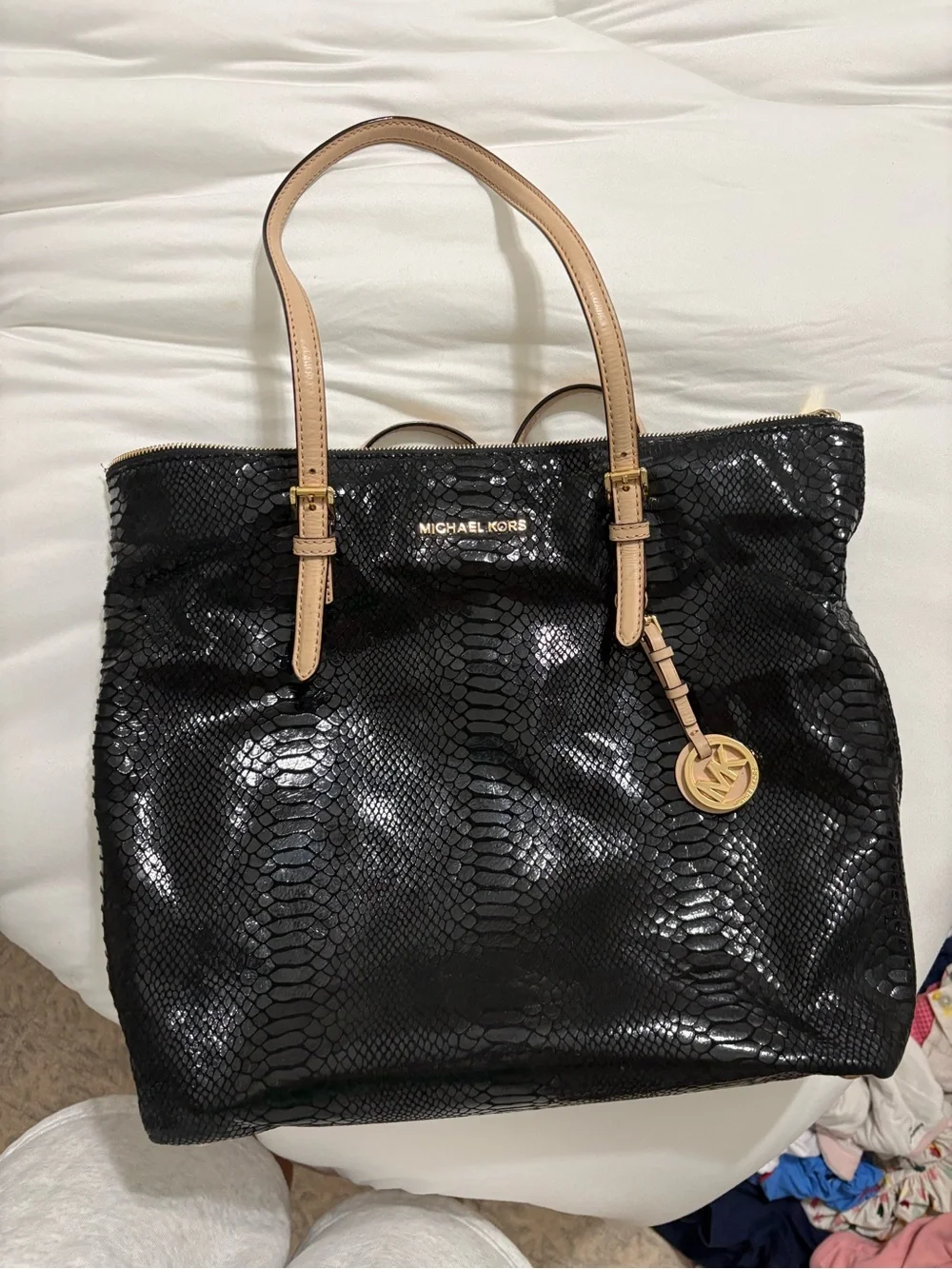 Michael Kors Black Snake-Embossed Tote with Natural Handles